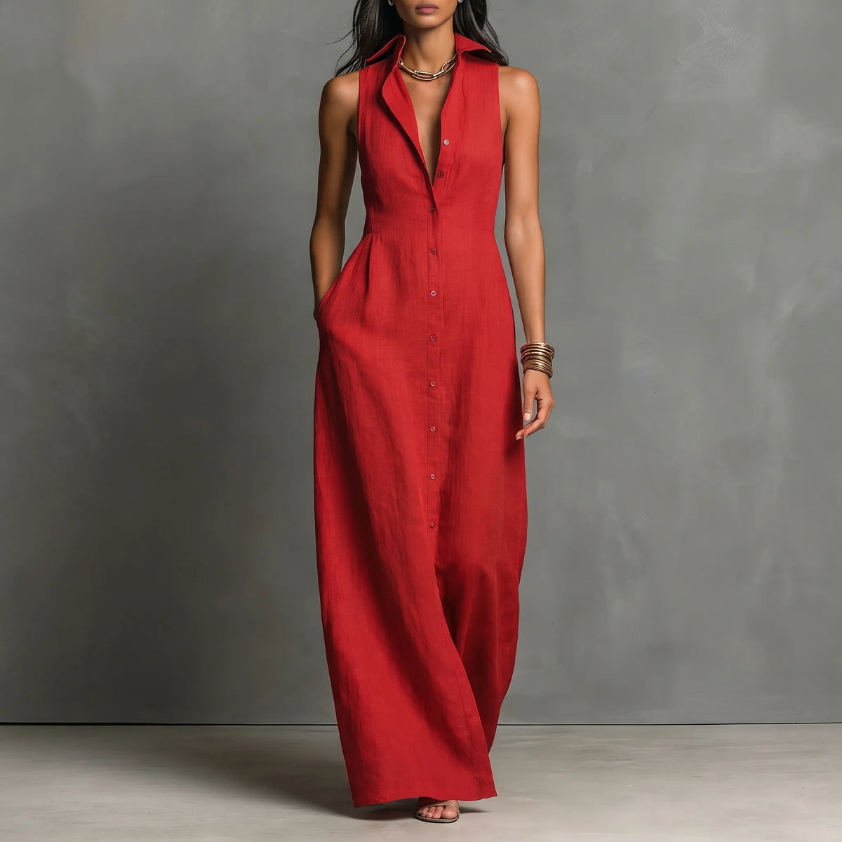 MaxiLuxe - Sleeveless Maxi Shirt Dress Smart Casual Office