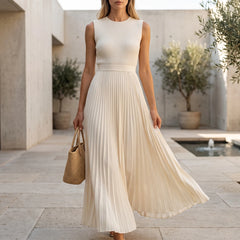 Pleatara - Sleeveless Pleated White Maxi Dress Upscale Dinners