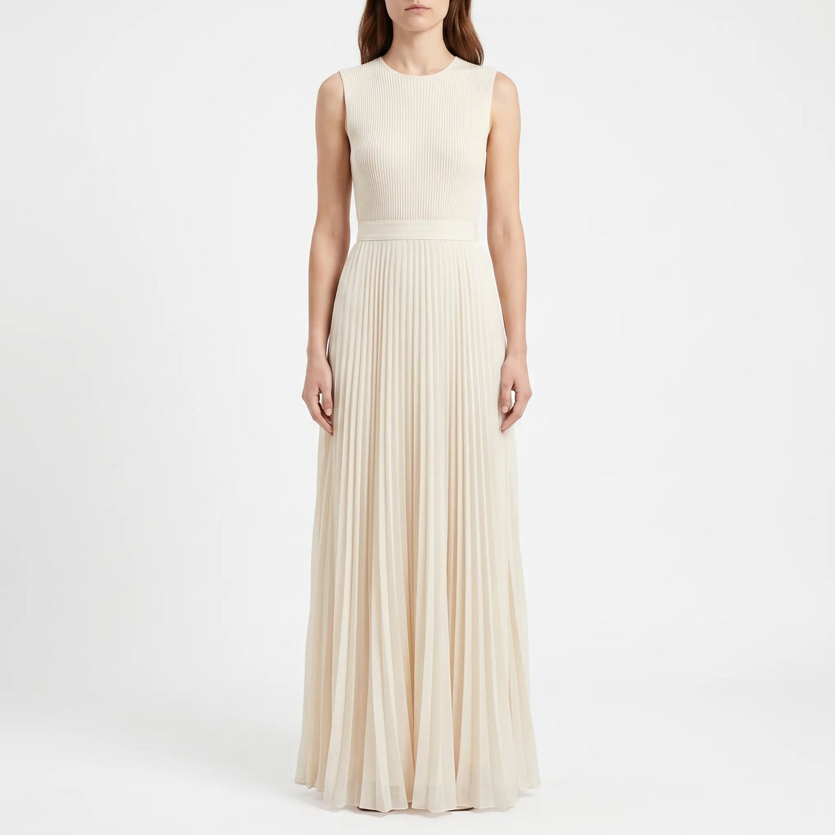 Pleatara - Sleeveless Pleated White Maxi Dress Upscale Dinners