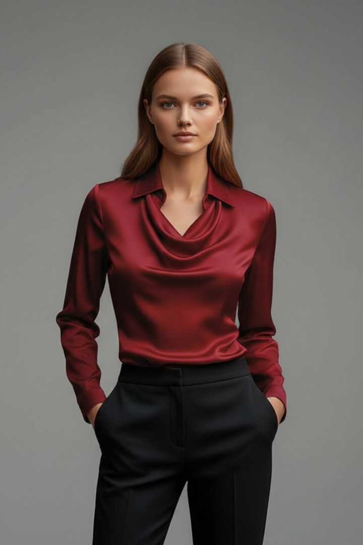 Cassiara - Satin Blouse Draped Collar Everyday Wear — view 4 of 10