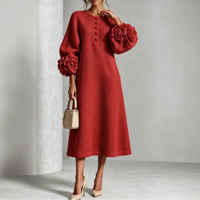 Amarelle - Floral Cuff Waffle Knit Midi Dress For Evening
