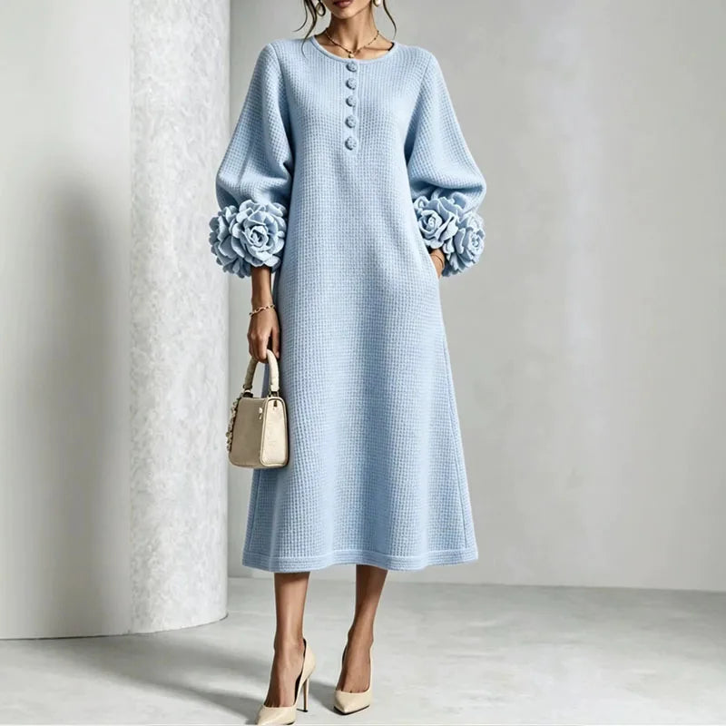 Amarelle - Floral Cuff Waffle Knit Midi Dress For Evening — view 5 of 7