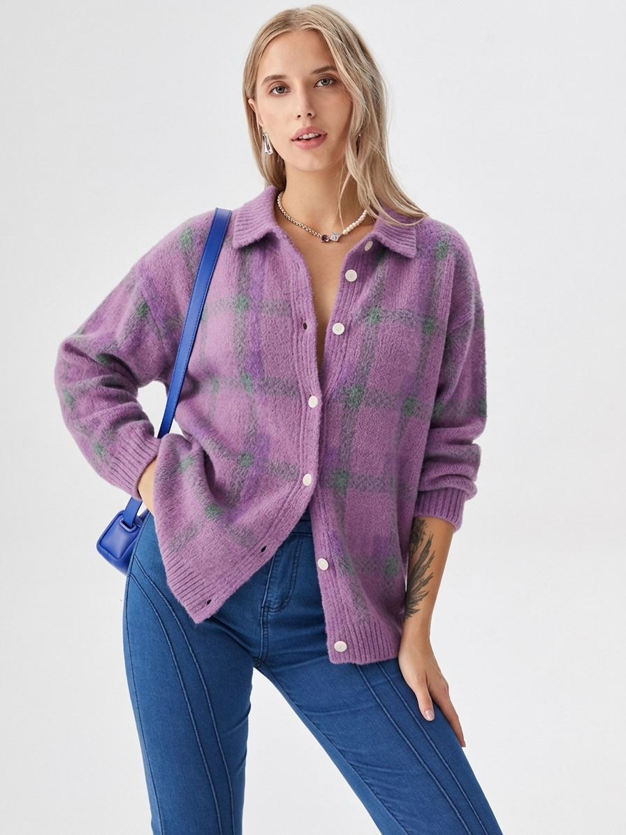 Baltriona - Checked Knit Cardigan For Casual Layering