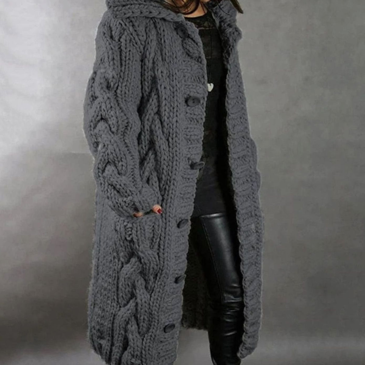 Calderyn - Long Hooded Knit Cardigan Cold Weather Layering — view 3 of 4