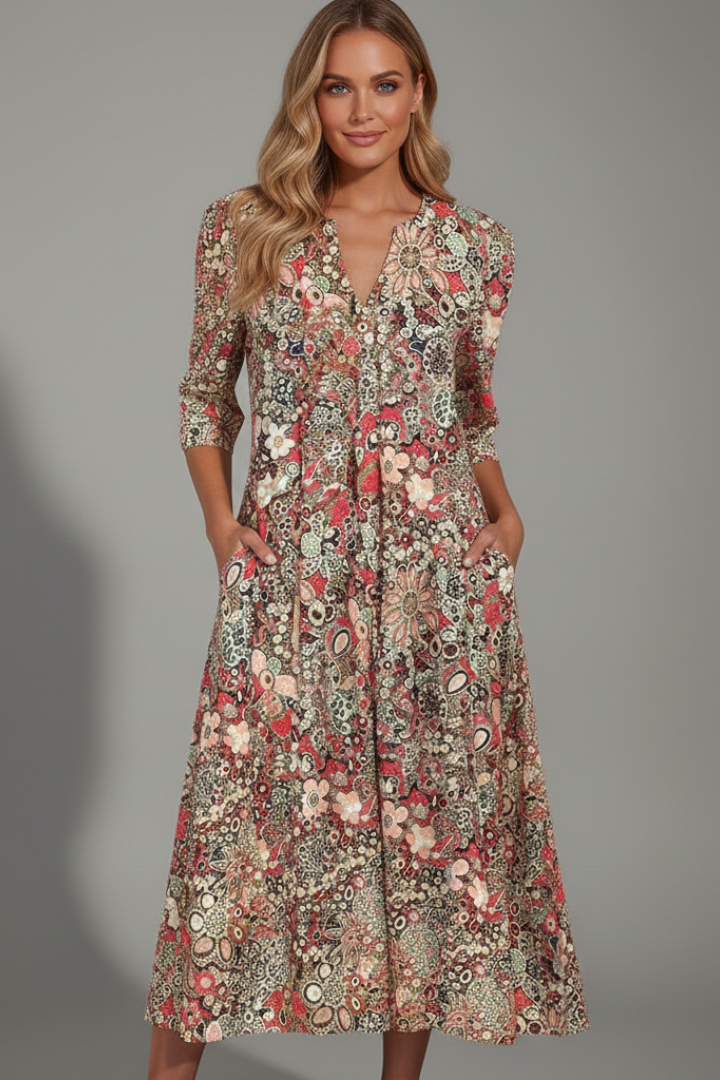Calisera - Printed V-Neck Midi Dress Daytime Wear — view 3 of 7