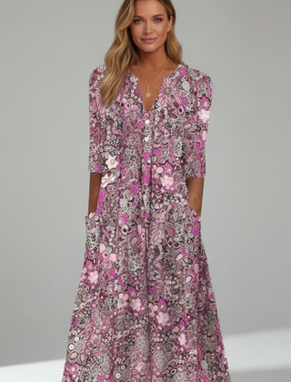 Calisera - Printed V-Neck Midi Dress Daytime Wear — view 4 of 7