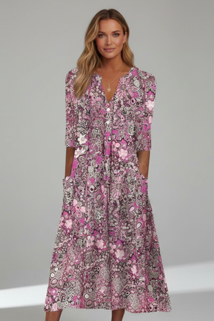 Calisera - Printed V-Neck Midi Dress Daytime Wear — view 4 of 7