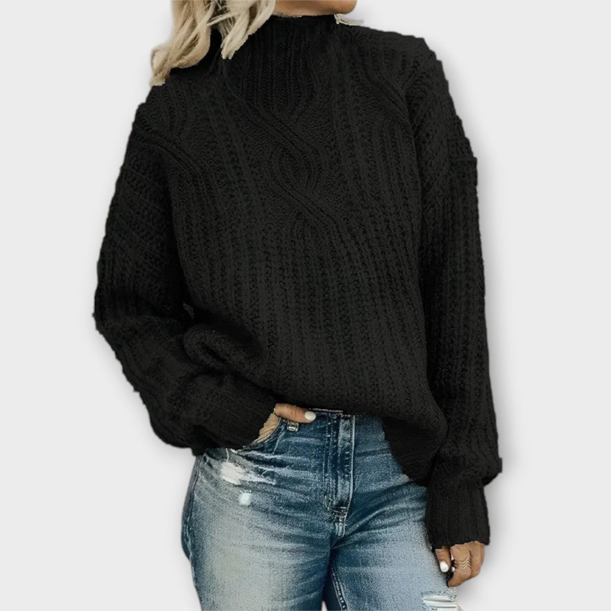 Cambrielle - Oversized Cable Knit Mock Neck Sweater Cold Weather Layering