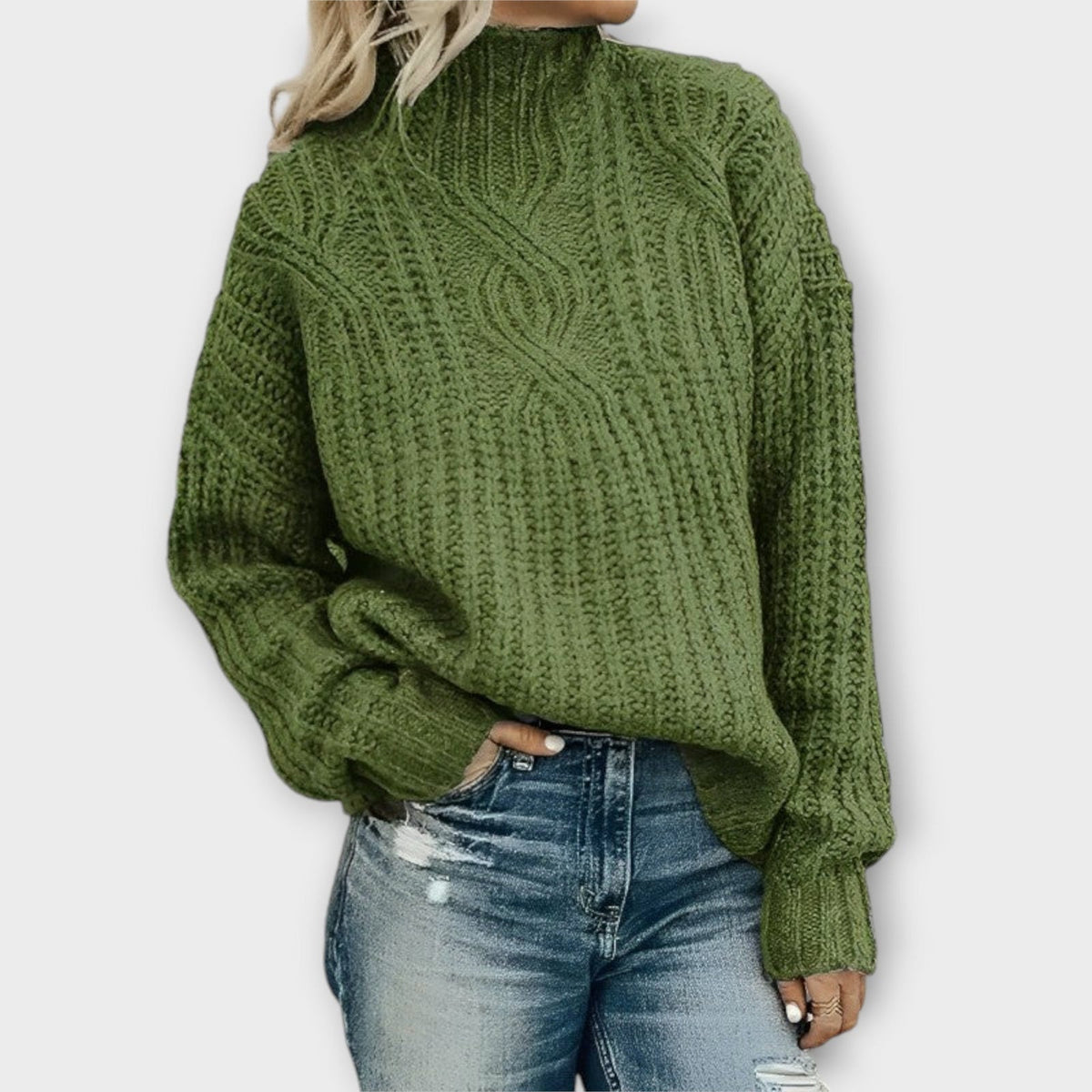 Cambrielle - Oversized Cable Knit Mock Neck Sweater Cold Weather Layering — view 2 of 5