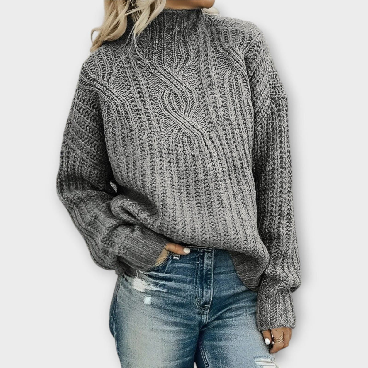 Cambrielle - Oversized Cable Knit Mock Neck Sweater Cold Weather Layering — view 3 of 5