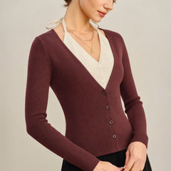 Cascena - V Neck Contrasting Knit Cardigan Autumn Layering