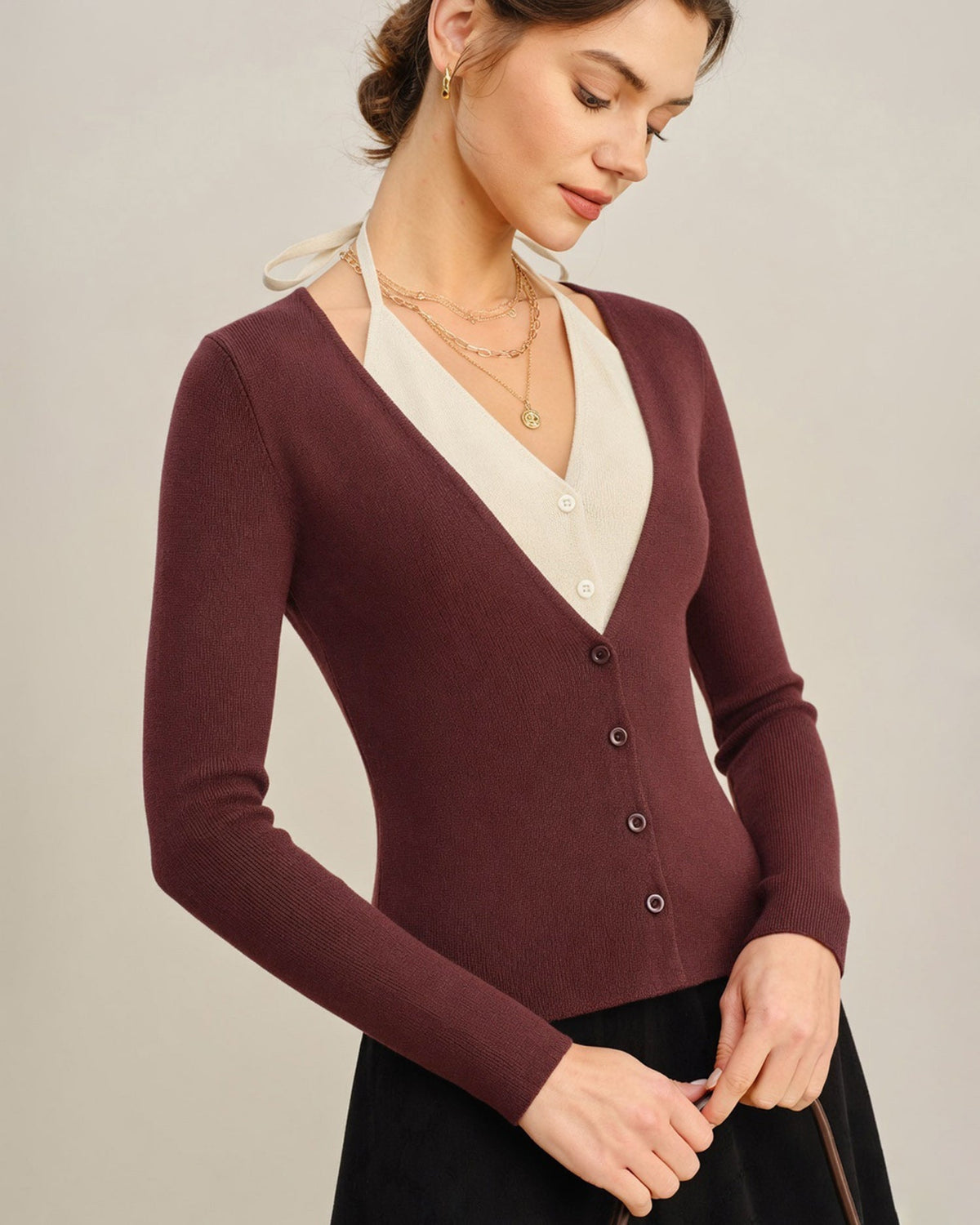 Cascena - V Neck Contrasting Knit Cardigan Autumn Layering