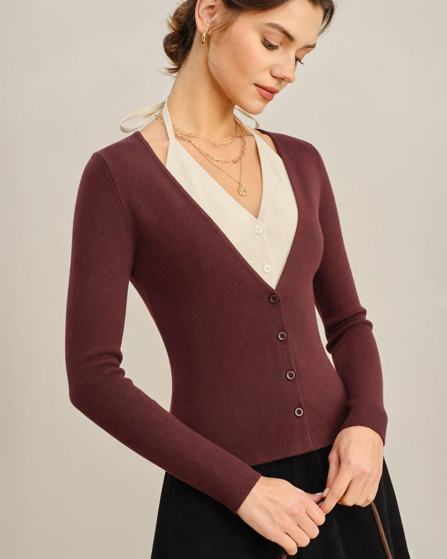 Cascena - V Neck Contrasting Knit Cardigan Autumn Layering