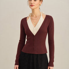 Cascena - V Neck Contrasting Knit Cardigan Autumn Layering — view 2 of 6