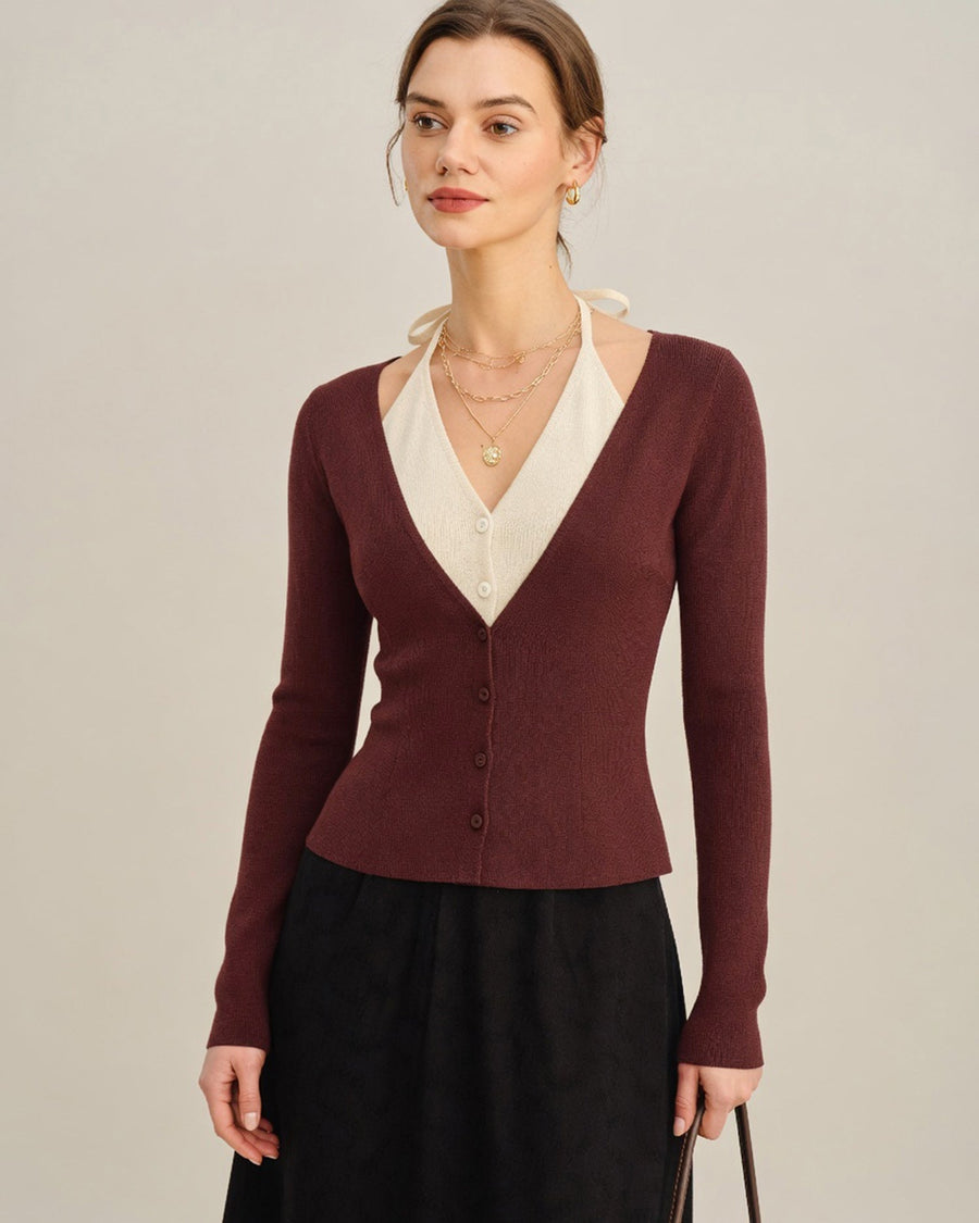 Cascena - V Neck Contrasting Knit Cardigan Autumn Layering — view 2 of 6