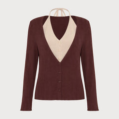 Cascena - V Neck Contrasting Knit Cardigan Autumn Layering — view 4 of 6