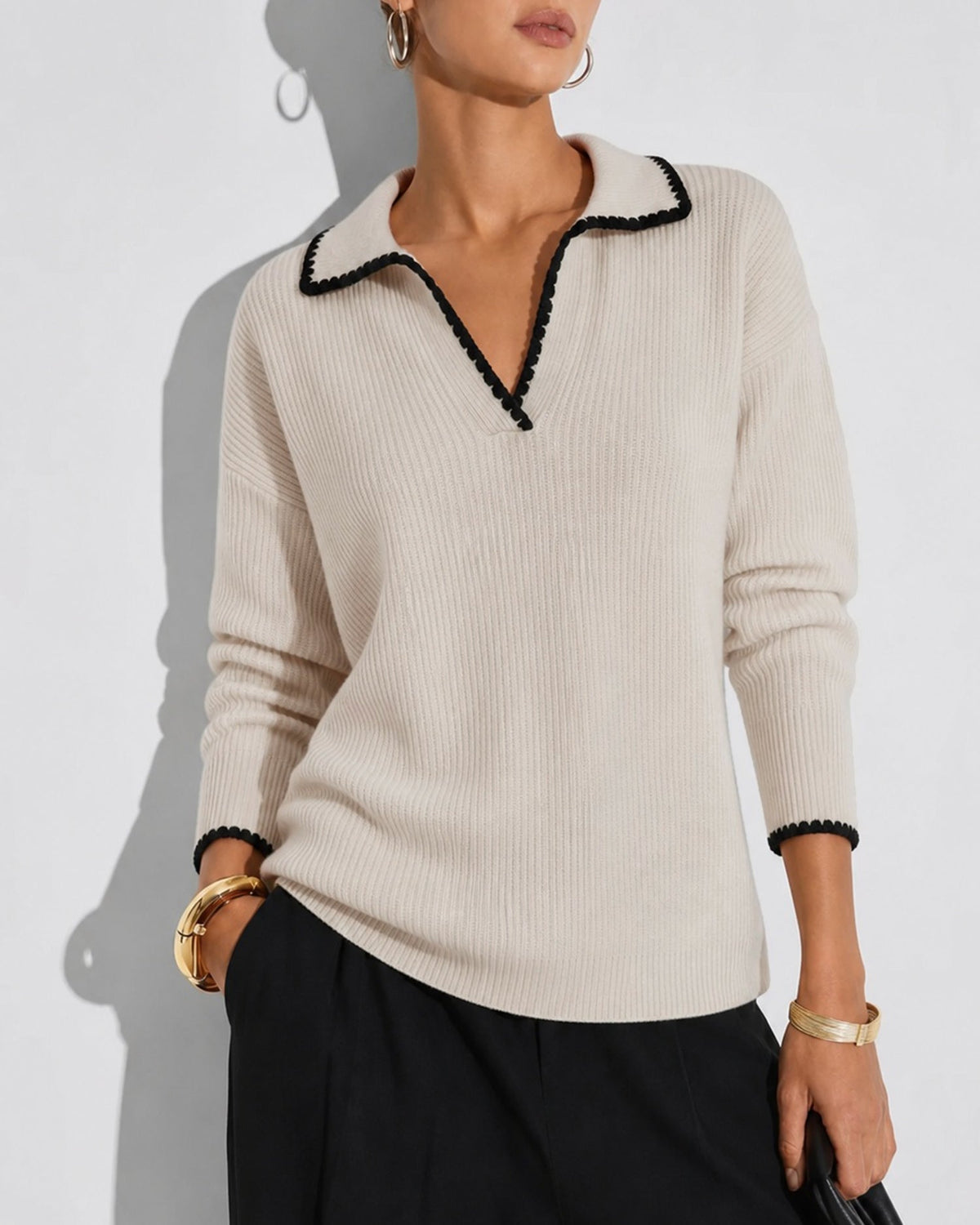 Cassinta - Textured Knit Collar Sweater Autumn Winter Wear