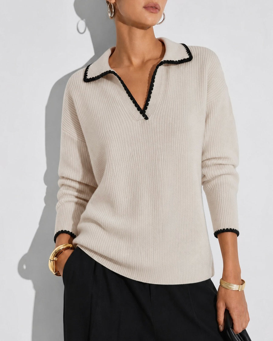 Cassinta - Textured Knit Collar Sweater Autumn Winter Wear