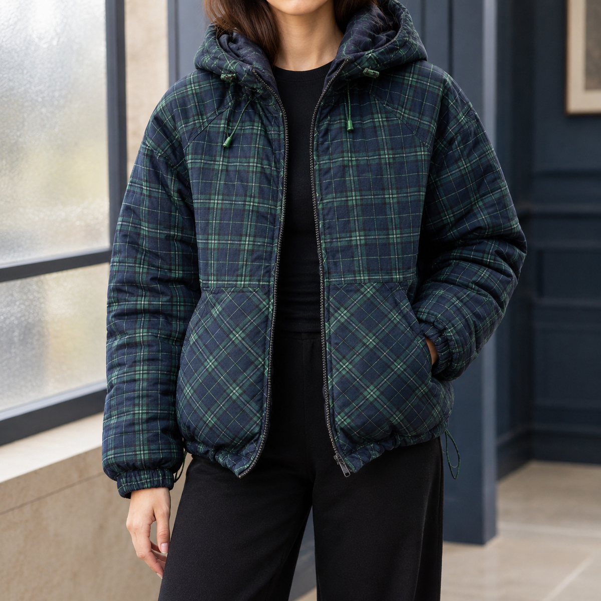 Corentia - Padded Plaid Hooded Jacket Cold Weather Layering