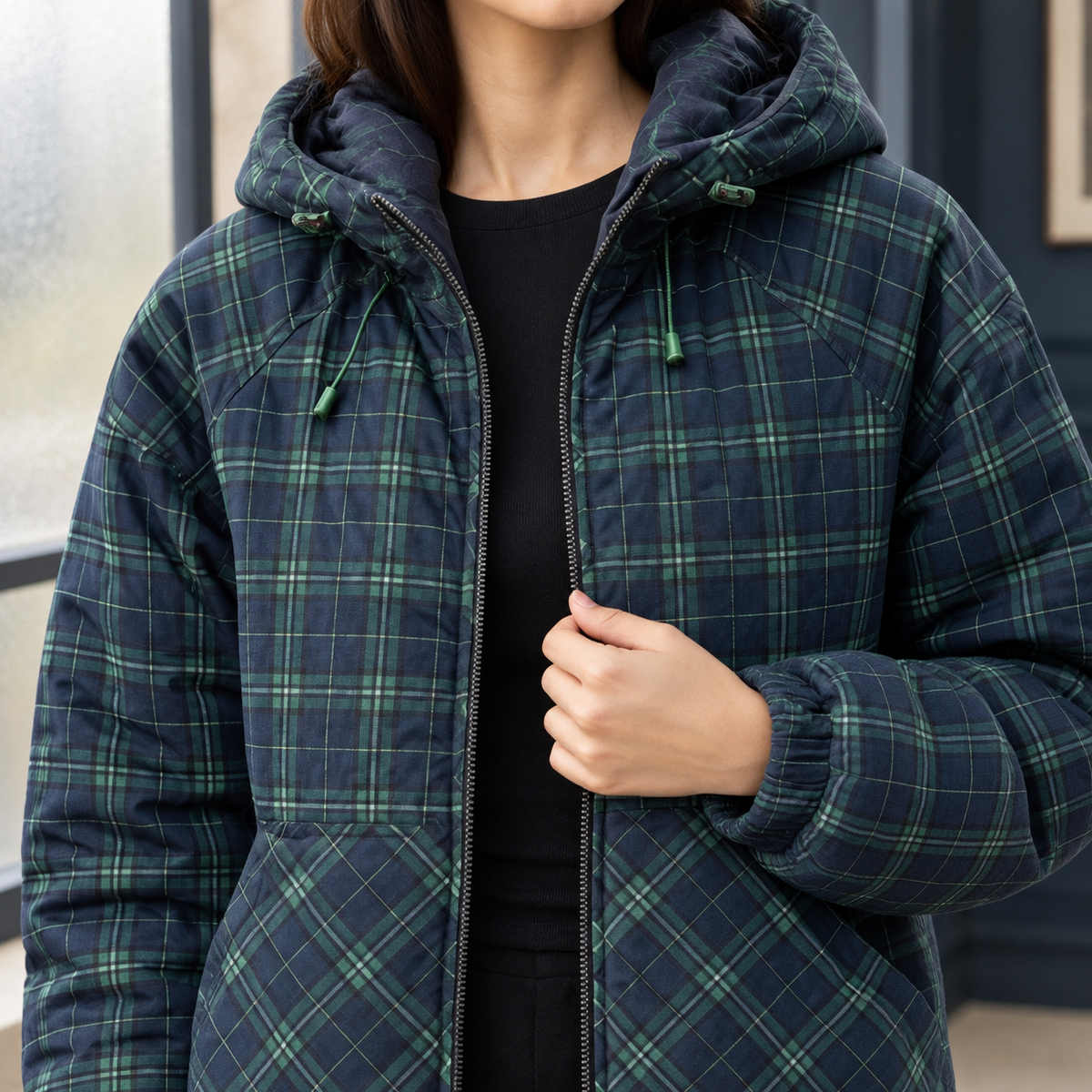 Corentia - Padded Plaid Hooded Jacket Cold Weather Layering — view 2 of 3