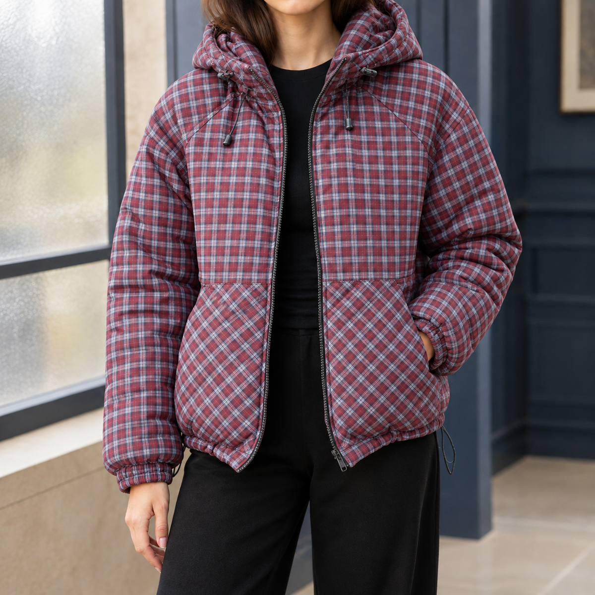 Corentia - Padded Plaid Hooded Jacket Cold Weather Layering — view 3 of 3