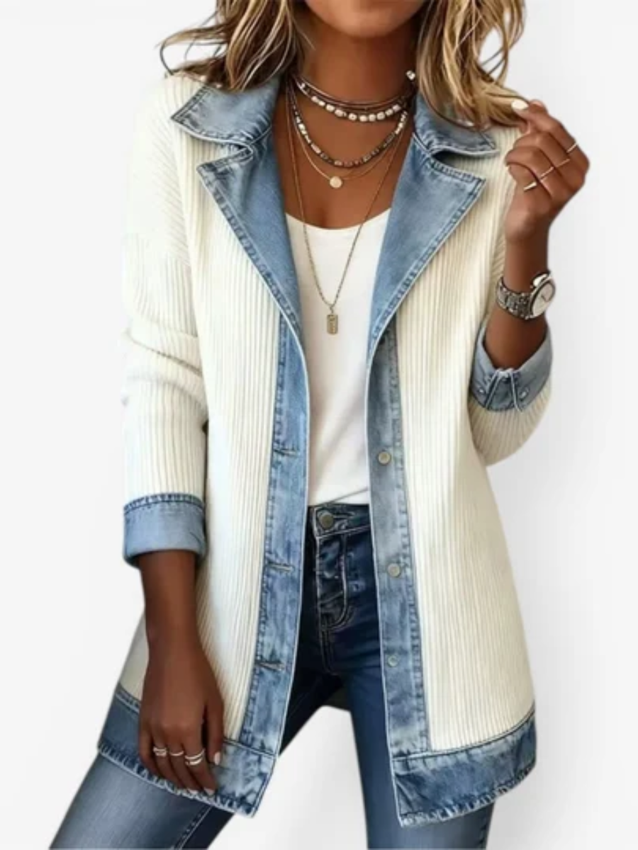 Denara - Ribbed Denim Trim Jacket Autumn Layering