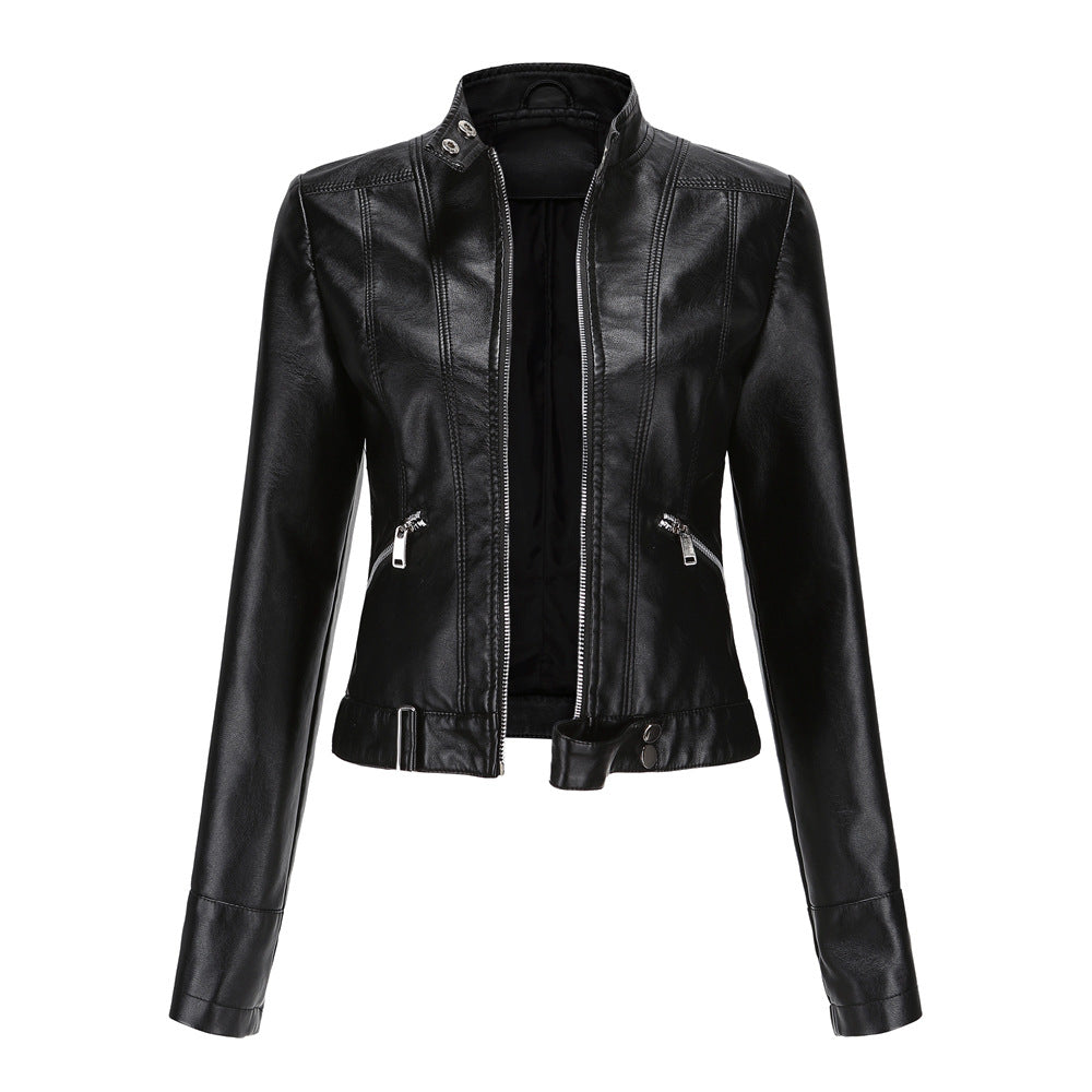 Vionelle - Cropped Zip-Up Moto Jacket Transitional Layering