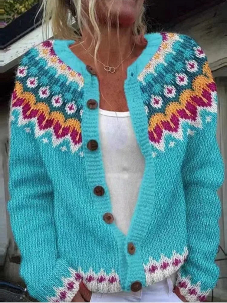 Fairwynn - Fair Isle Yoke Button Front Cardigan Casual Layering