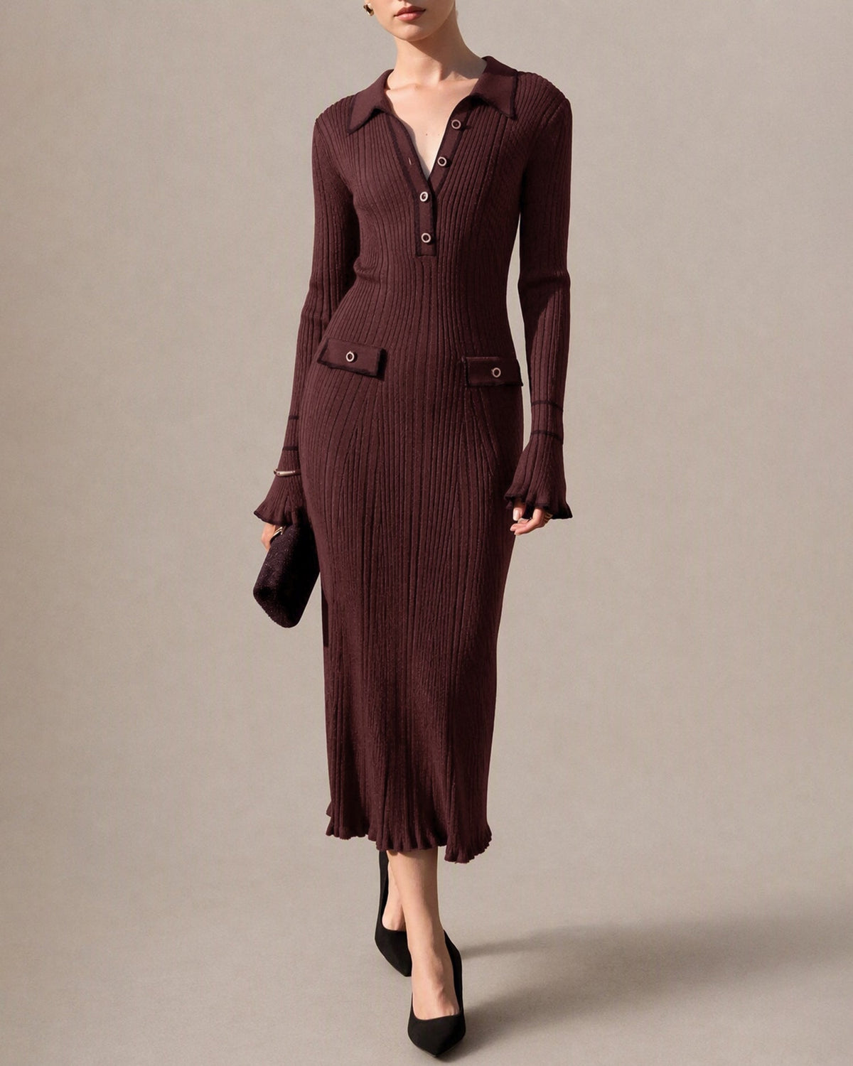 Fennwick - Contrast Collar Knit Tunic Dress For Autumn