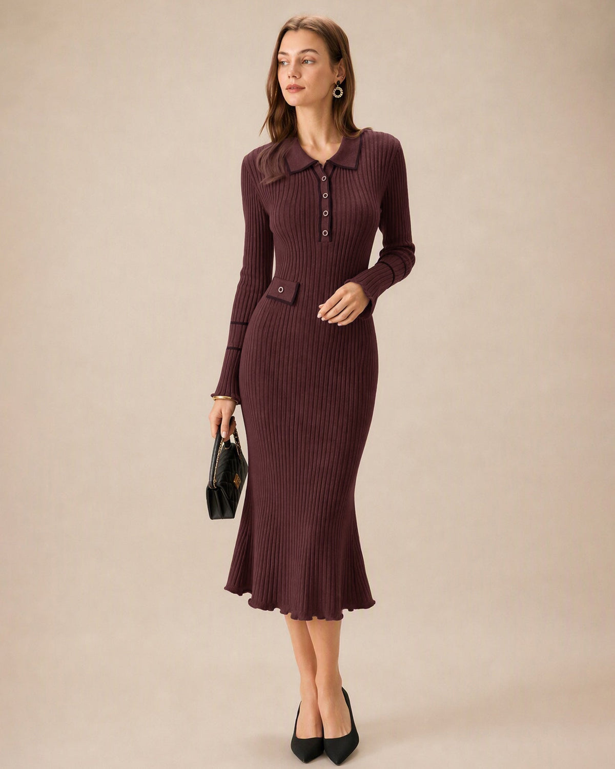 Fennwick - Contrast Collar Knit Tunic Dress For Autumn — view 2 of 5