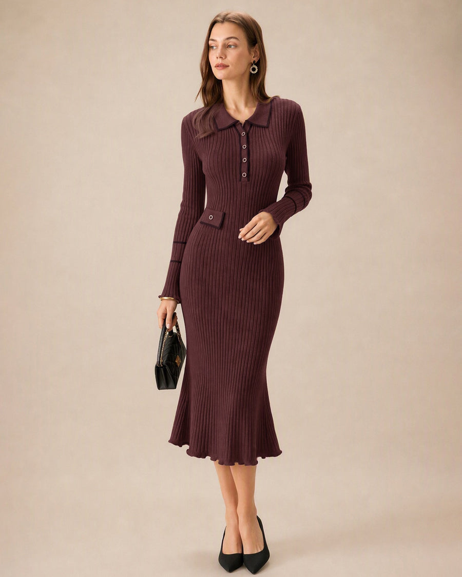 Fennwick - Contrast Collar Knit Tunic Dress For Autumn — view 2 of 5