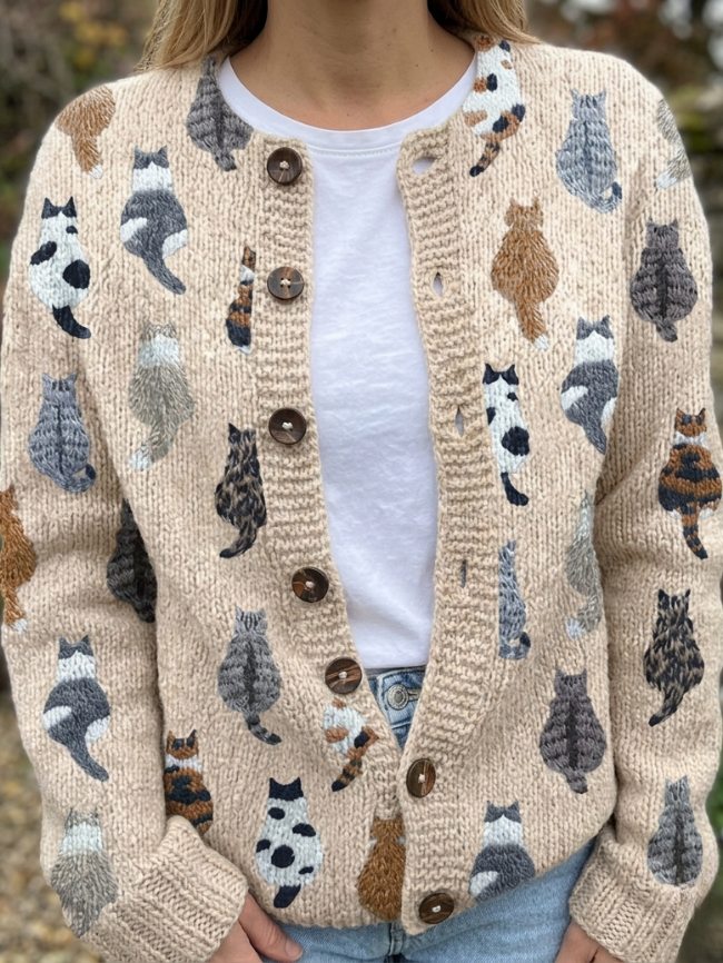 Purrelle - Cat Print Knit Cardigan Cosy Layering