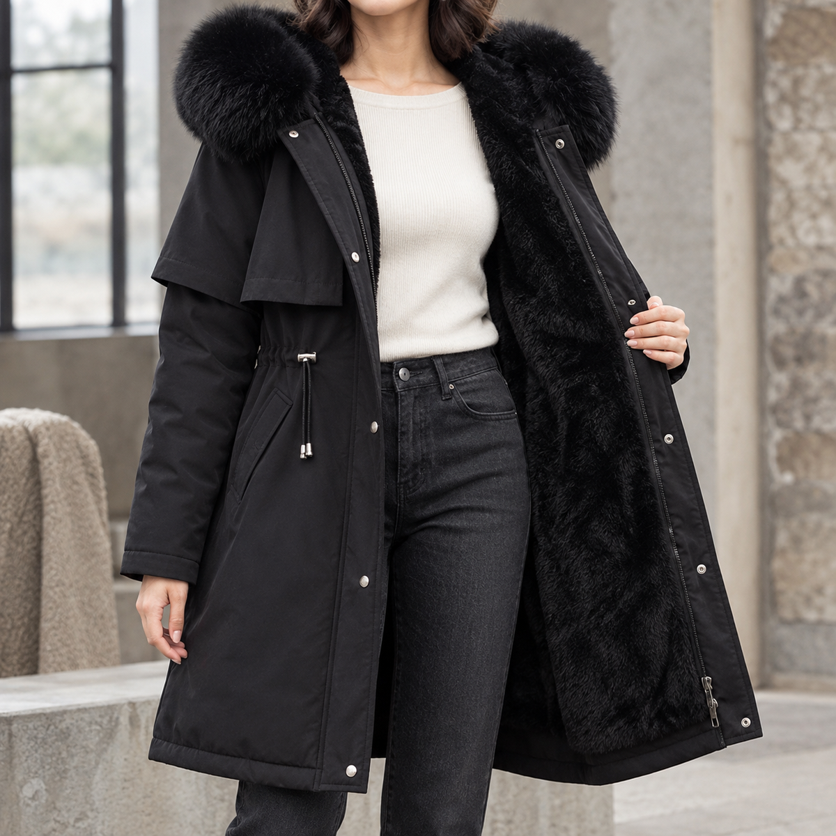 Halcyra - Hooded Longline Coat Winter Layering