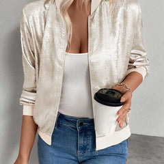 Glinta - Cropped Metallic Bomber Jacket Casual Layering — view 4 of 10