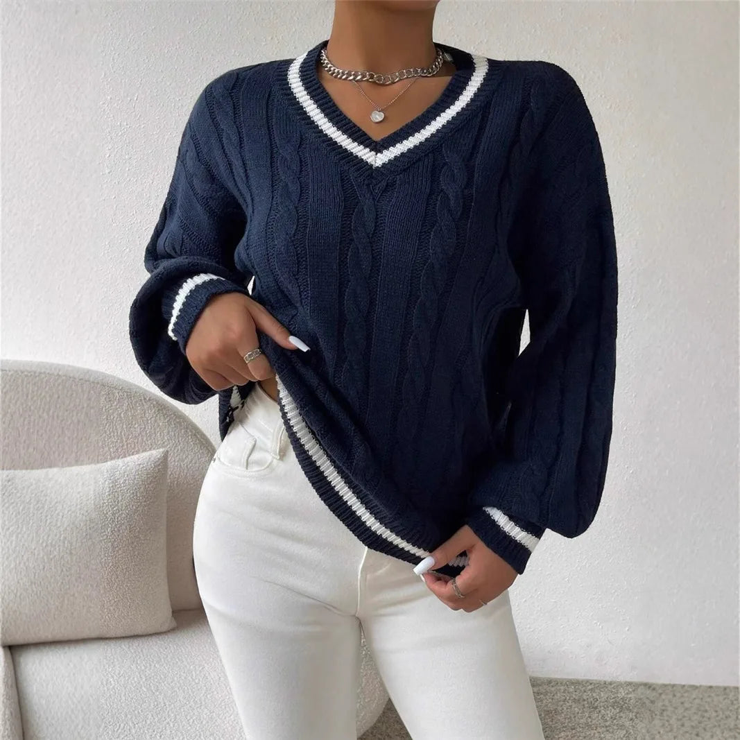 Marnelle - Cable Knit V-Neck Pullover Sweater Everyday Wear