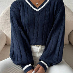Marnelle - Cable Knit V-Neck Pullover Sweater Everyday Wear — view 3 of 6