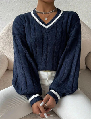 Marnelle - Cable Knit V-Neck Pullover Sweater Everyday Wear — view 3 of 6