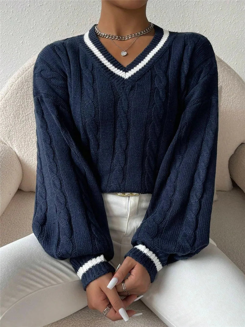 Marnelle - Cable Knit V-Neck Pullover Sweater Everyday Wear — view 3 of 6