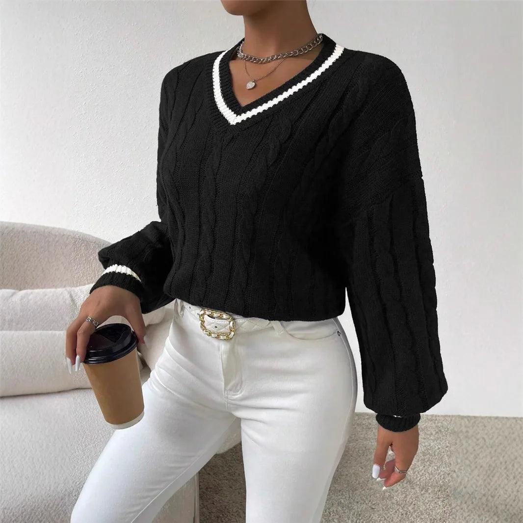 Marnelle - Cable Knit V-Neck Pullover Sweater Everyday Wear — view 4 of 6