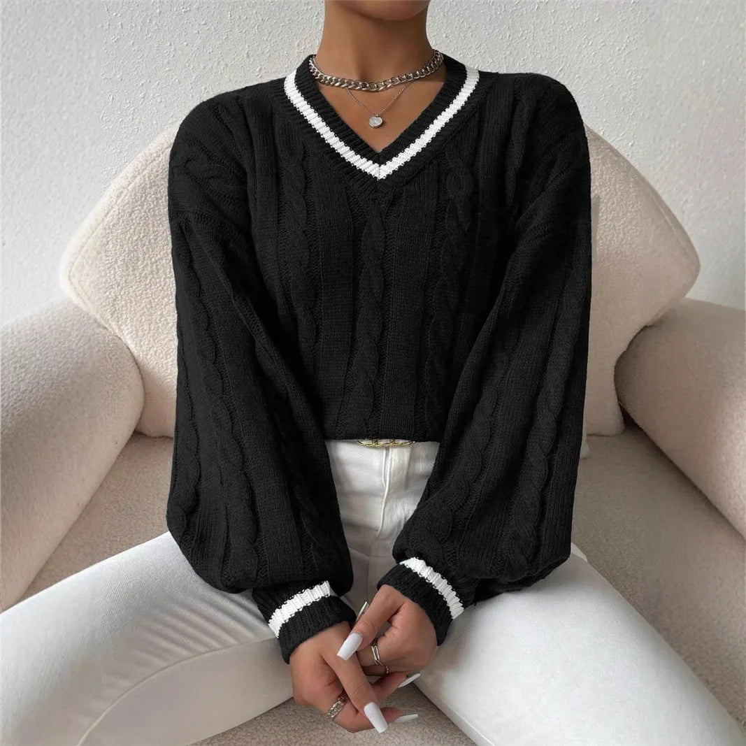 Marnelle - Cable Knit V-Neck Pullover Sweater Everyday Wear — view 5 of 6