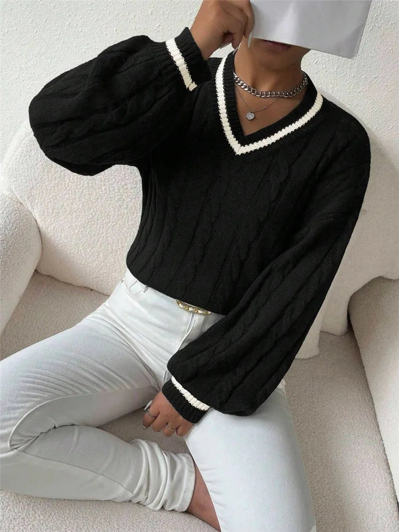 Marnelle - Cable Knit V-Neck Pullover Sweater Everyday Wear — view 6 of 6