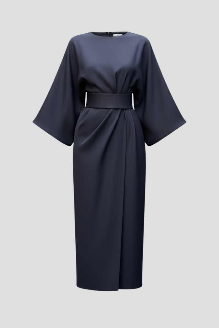 Meridine - Belted Midi Dress Elbow Length Sleeves