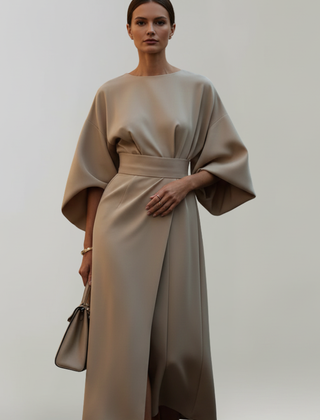 Meridine - Belted Midi Dress Elbow Length Sleeves — view 3 of 10