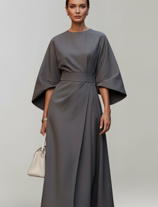 Meridine - Belted Midi Dress Elbow Length Sleeves — view 6 of 10