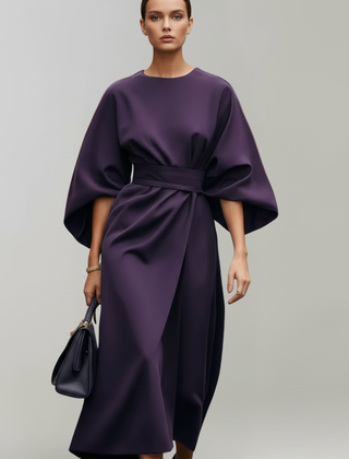 Meridine - Belted Midi Dress Elbow Length Sleeves — view 7 of 10