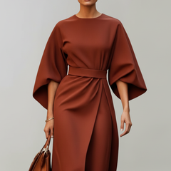 Meridine - Belted Midi Dress Elbow Length Sleeves — view 8 of 10