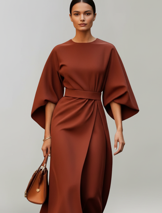 Meridine - Belted Midi Dress Elbow Length Sleeves — view 8 of 10