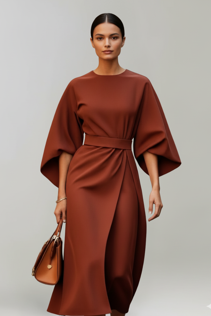 Meridine - Belted Midi Dress Elbow Length Sleeves — view 8 of 10