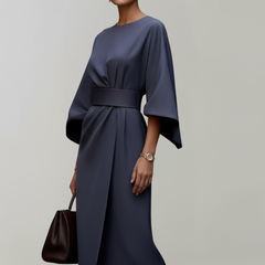 Meridine - Belted Midi Dress Elbow Length Sleeves — view 9 of 10