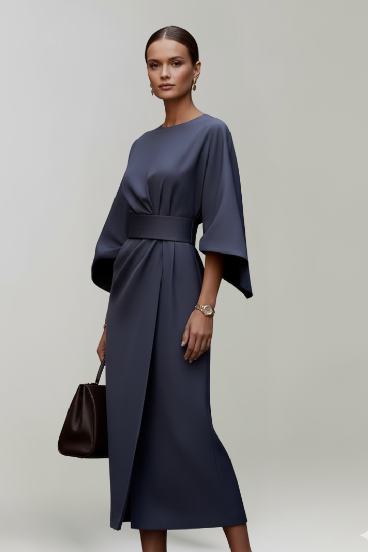 Meridine - Belted Midi Dress Elbow Length Sleeves — view 9 of 10
